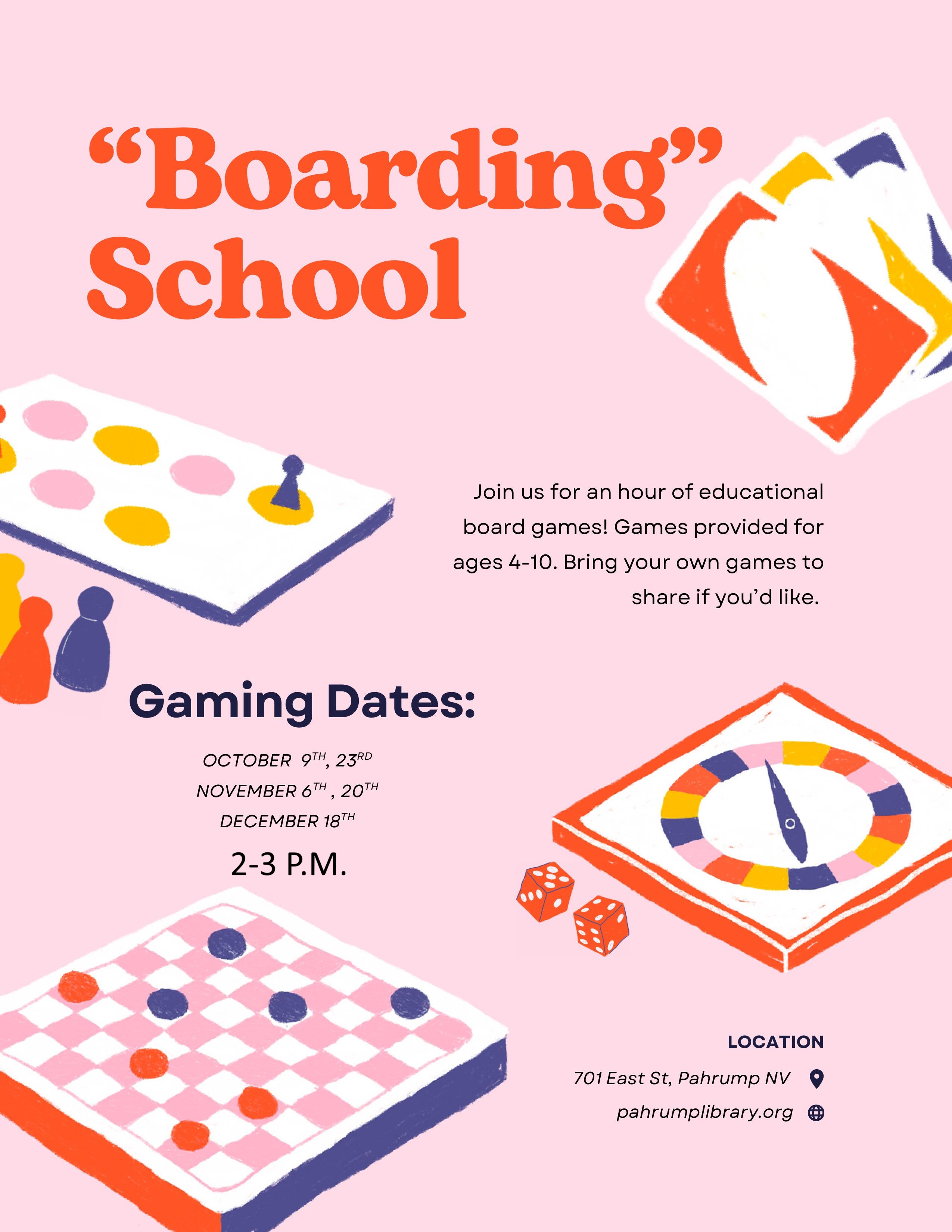 Flyer for the boarding school event with dates and time