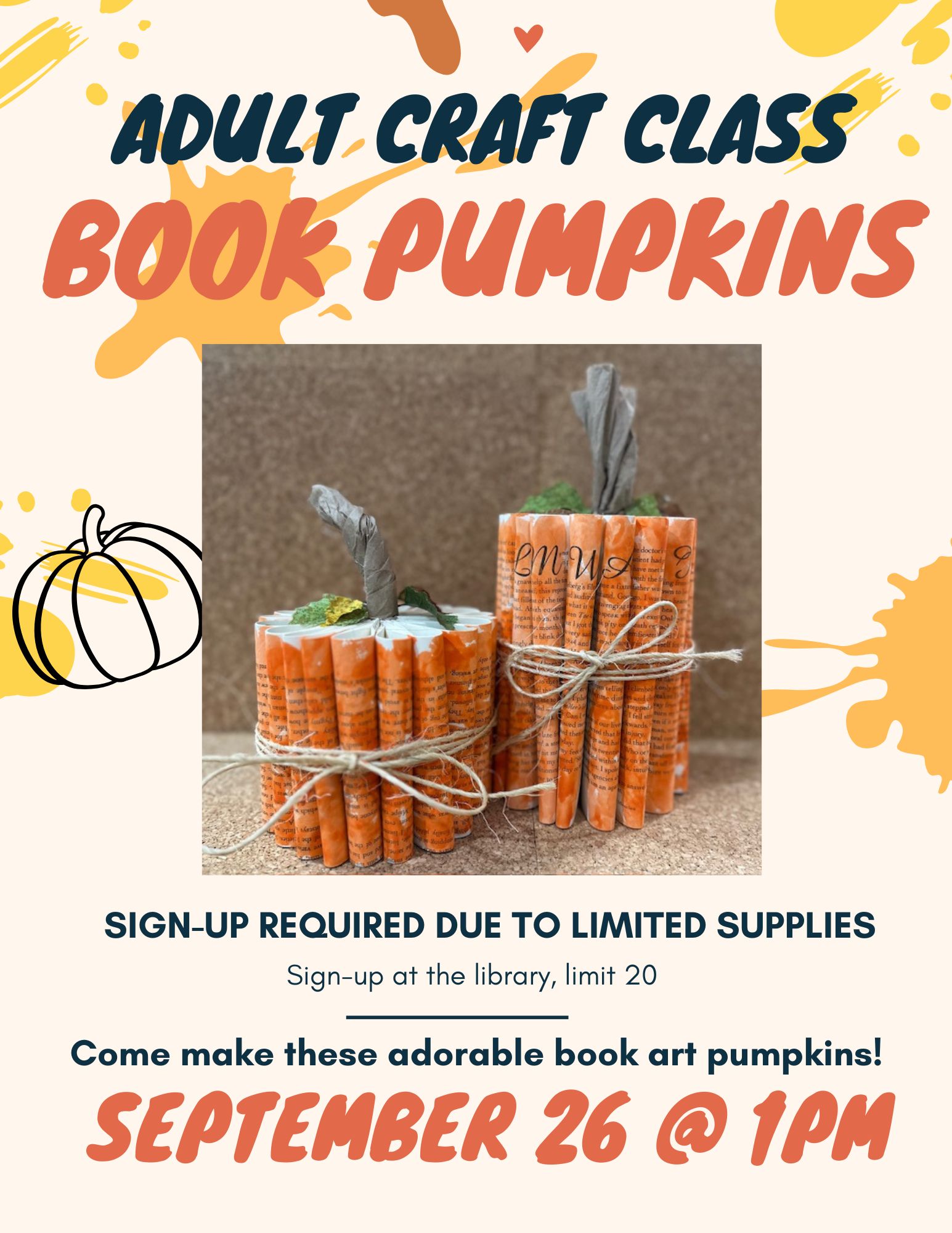 Flyer with the event time and date. Photo of pumpkins made out of books.