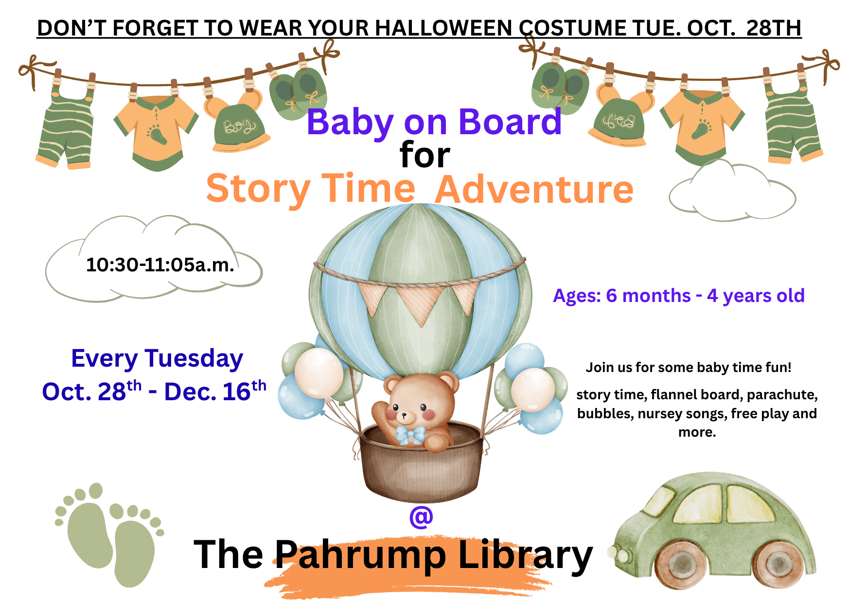 Flyer of event with the date and time. Picture of a teddy bear in a hot air balloon.