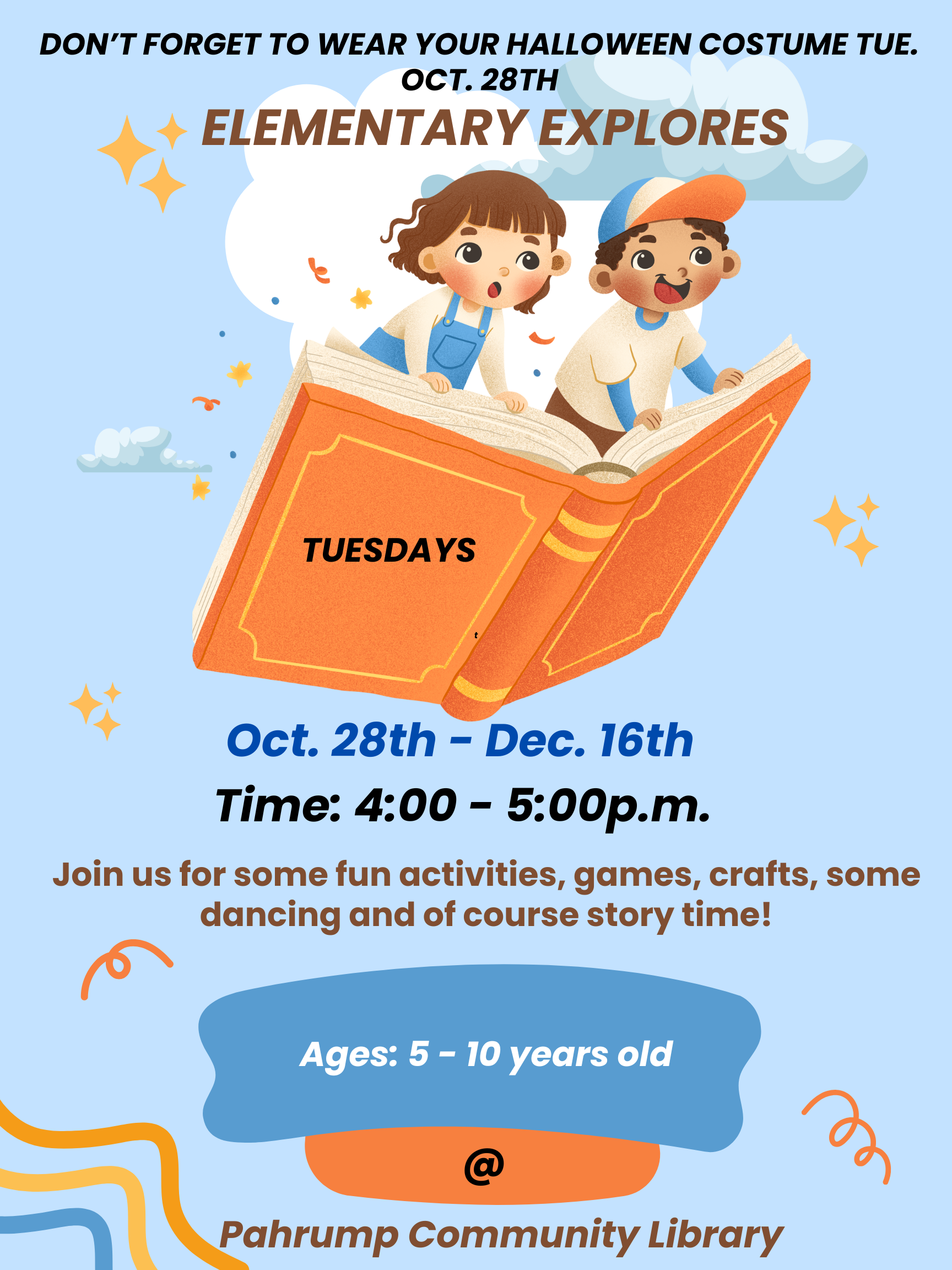 Flyer with the event time and date. Kids flying on a magic carpet.