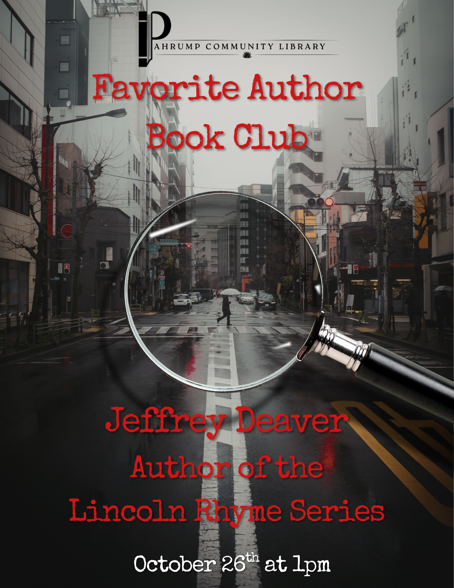 Favorite Author Book Club flyer showing a rainy street and a large magnifying glass