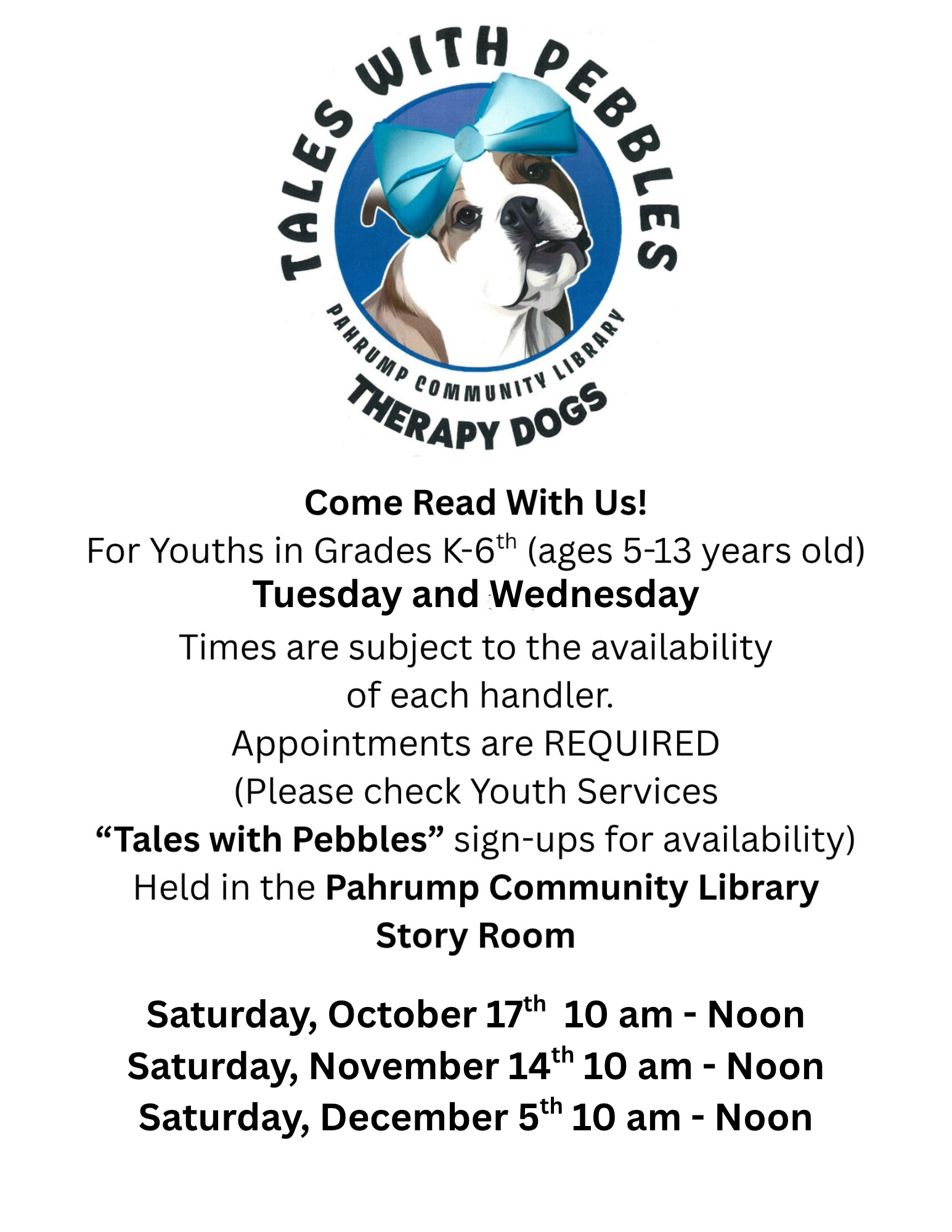 Tales with Pebbles therapy dog flyer