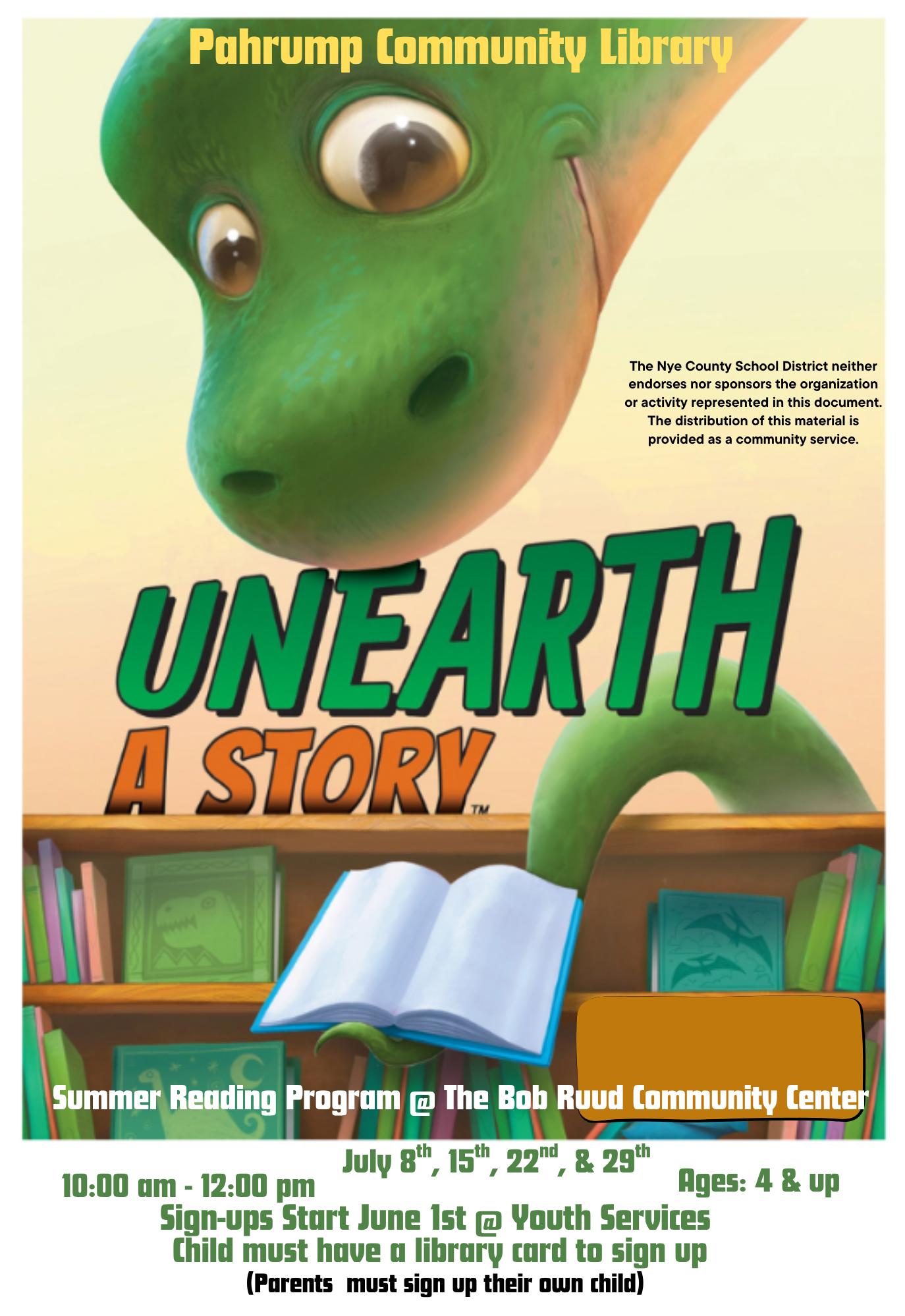 Picture of a smiling dinosaur with a book.
